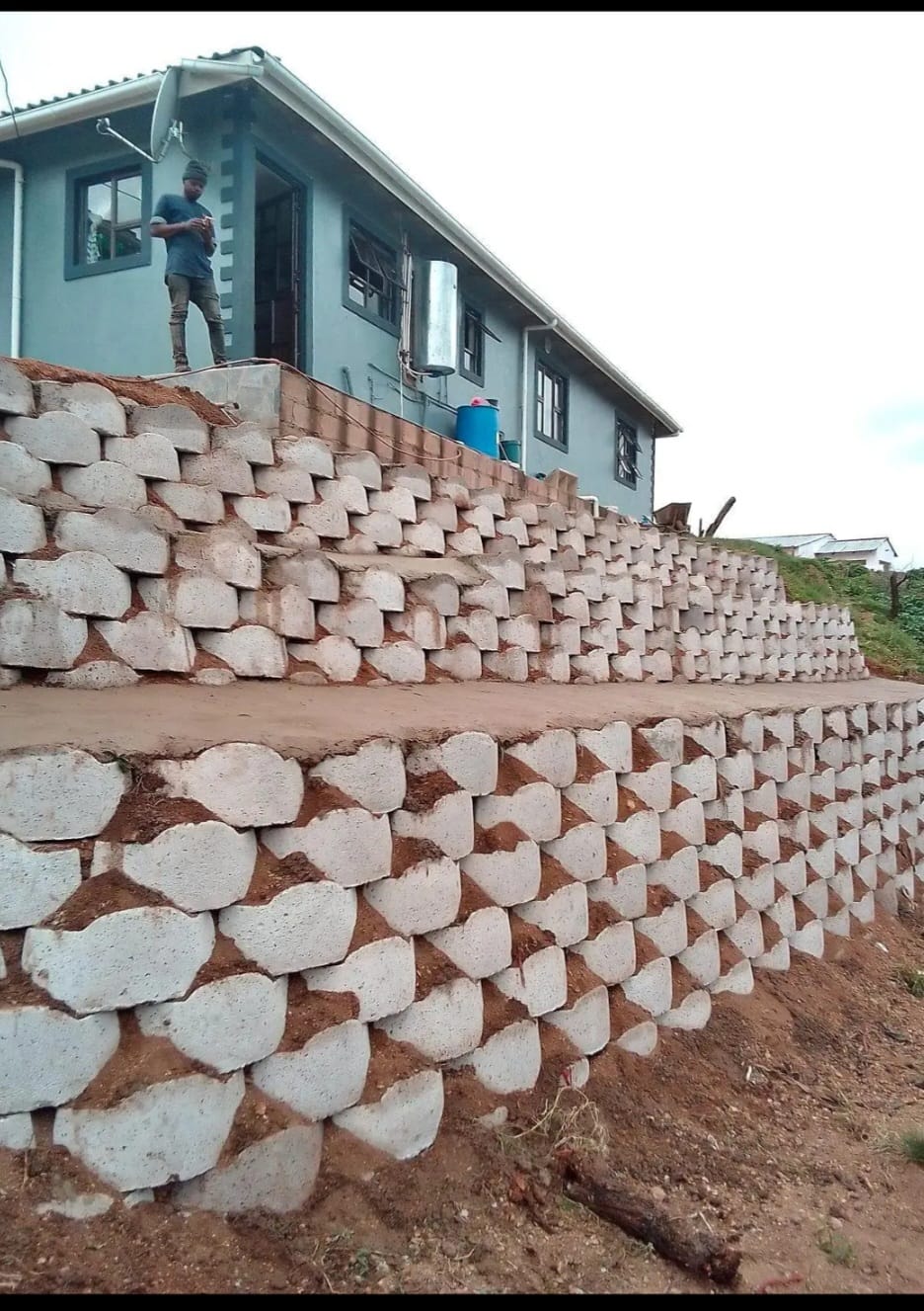 Retaining wall construction in progress